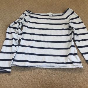 Navy and white striped off the shoulder sweater